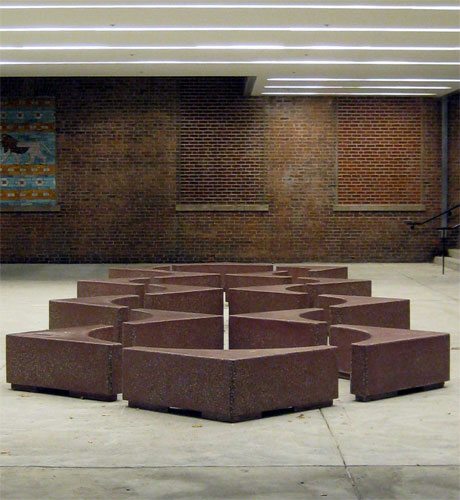 A different angle of view of the concrete benches that create circles and squares.