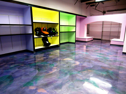 Don Pinger, Custom Concrete Solutions, West Hartford, Conn., used a unique combination of dyes and metallic epoxy to achieve a neat, radiant floor for this baby accessories shop.