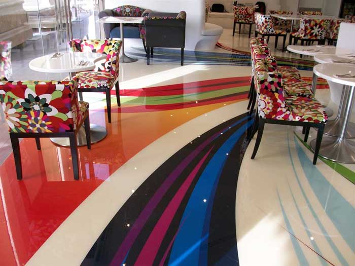 The BoHouse Café’s floor decals echo the restaurant’s playful, artistic vibe.