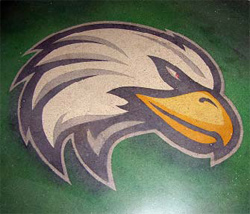 A picture of an eagle head that has been embedded into this concrete floor with concrete dyes.