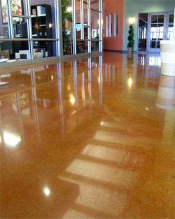 Orange brown concrete that has been polished fora high gloss.