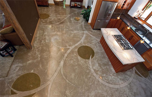 An aerial view of a concrete floor that has circles and stems throughout.