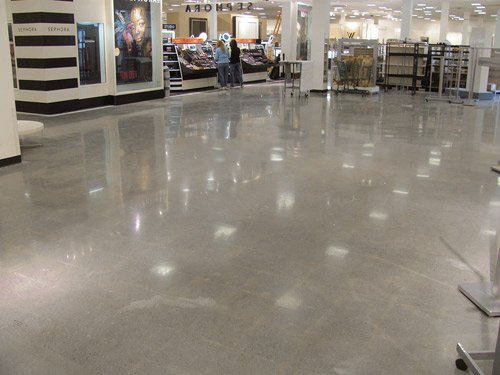 The first JCPenney store to be renovated using the extensive polishing approach was an older store in West Lebanon, N.H. The floors required a lot of patching, which added a worn character to the jobs retro look. Photos courtesy of S&S Concrete Floors Inc.