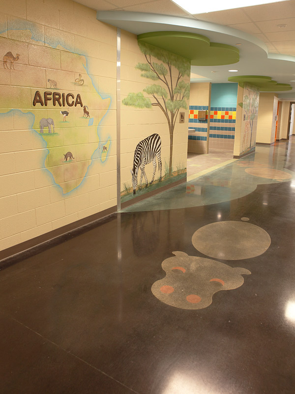 This swimming hippopotamus at Big Sandy Elementary was colored using Black and Grey shades from AmeriPolish and Rose Quartz from Prosocos Consolideck GemTone line.