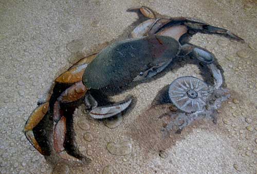 The detailed crab was created on the concrete floor.